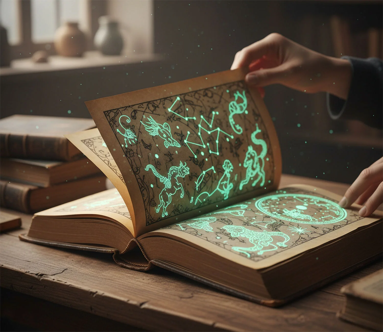 Open book with glowing ink illustrations.