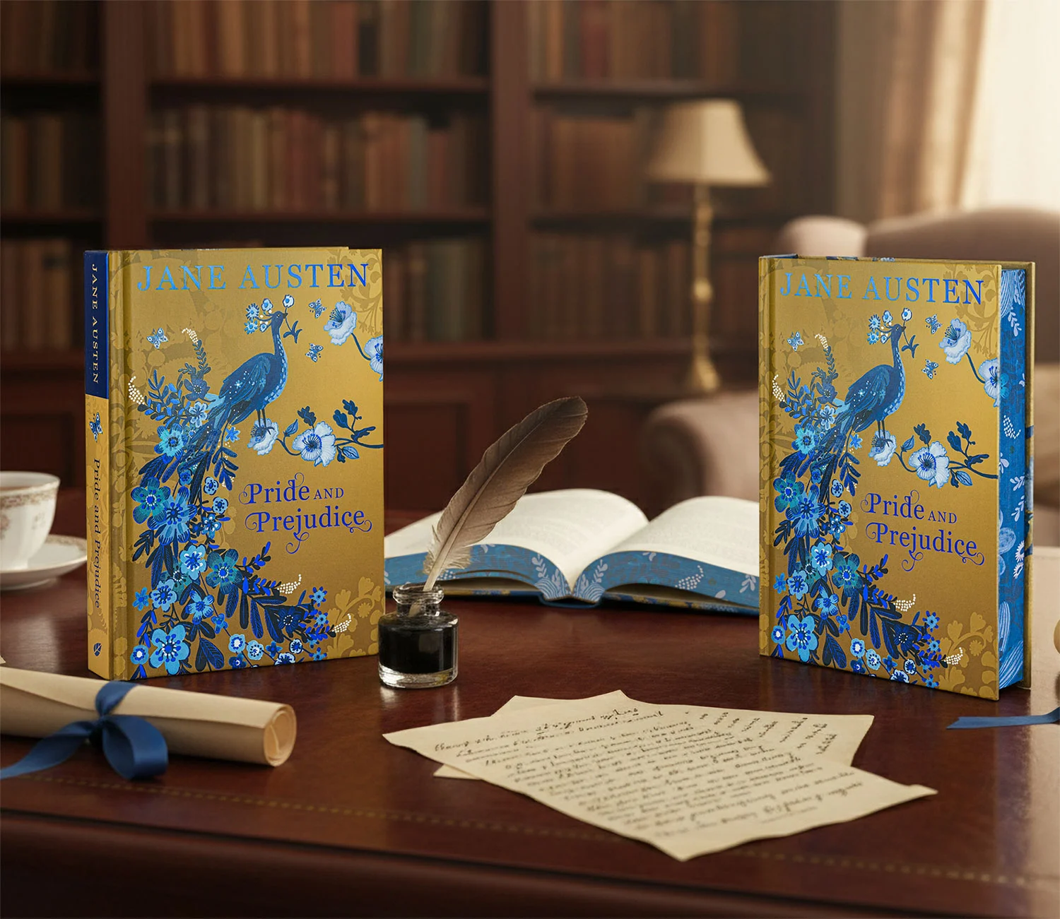 Open book with glowing ink illustrations.