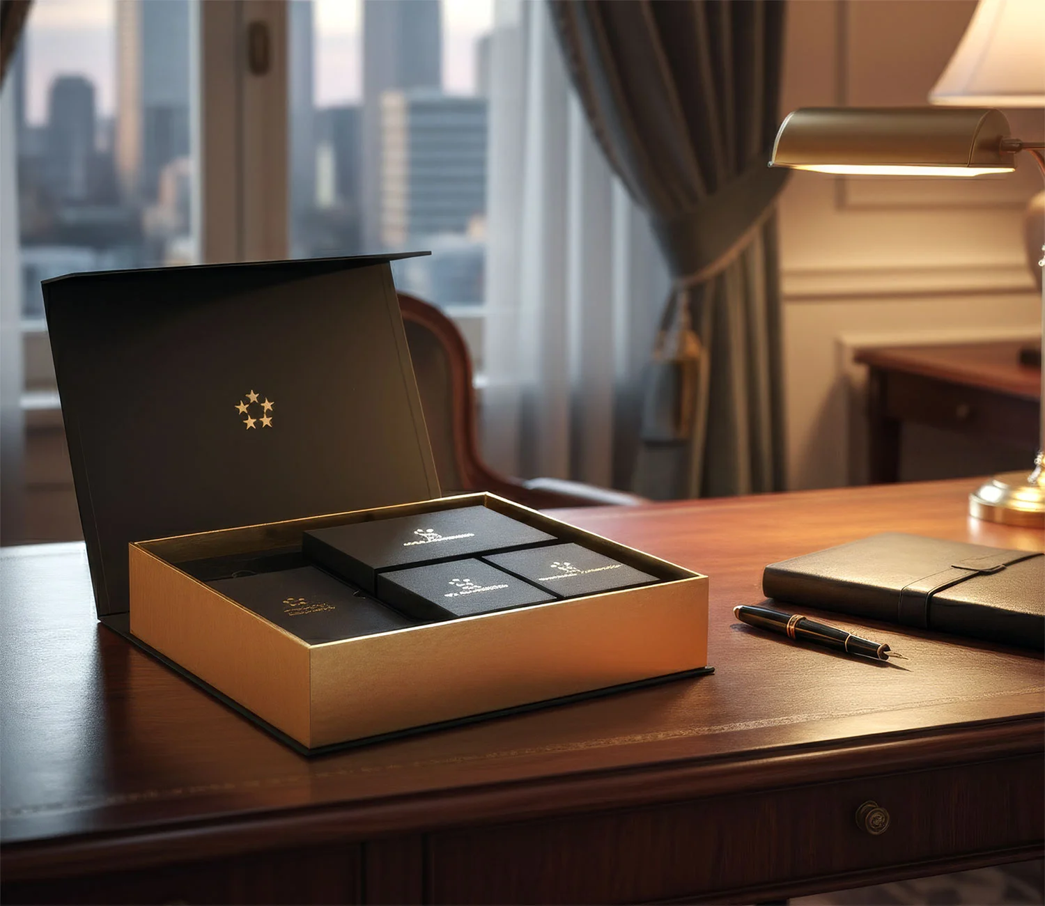 Open book with glowing ink illustrations.